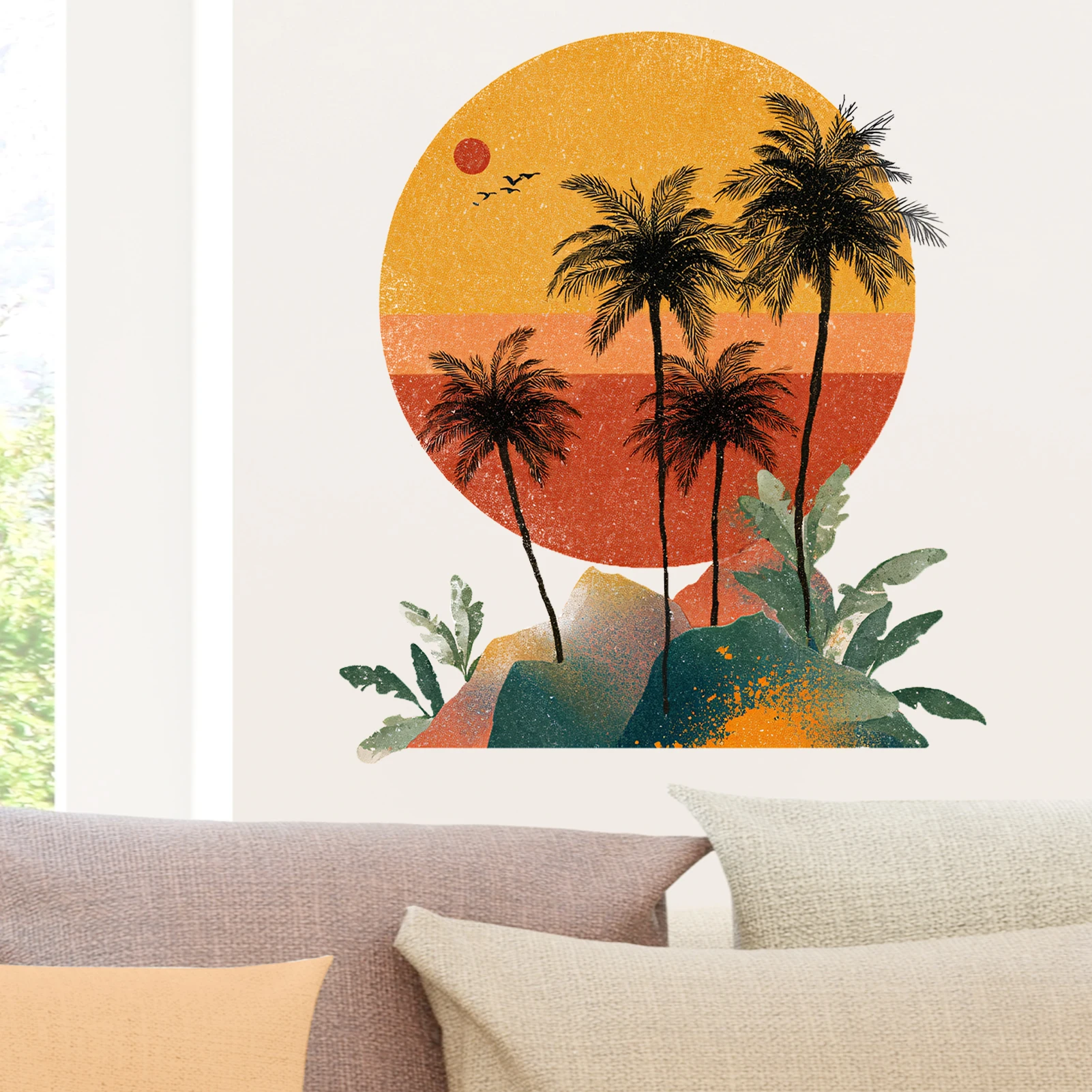 Retro Tropischer Sonnenuntergang Wandtattoo, Boho Palmen-Silhouette mit Vintage Farbverlauf Himmel Vinyl-Wandaufkleber für Heimdekoration