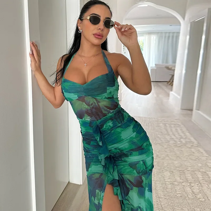 Leosoxs 2024 Summer Fashion Urban Sexy Women's Dress with Green Printed Open Back Birthday Party Clubwear Elegant Long Dress