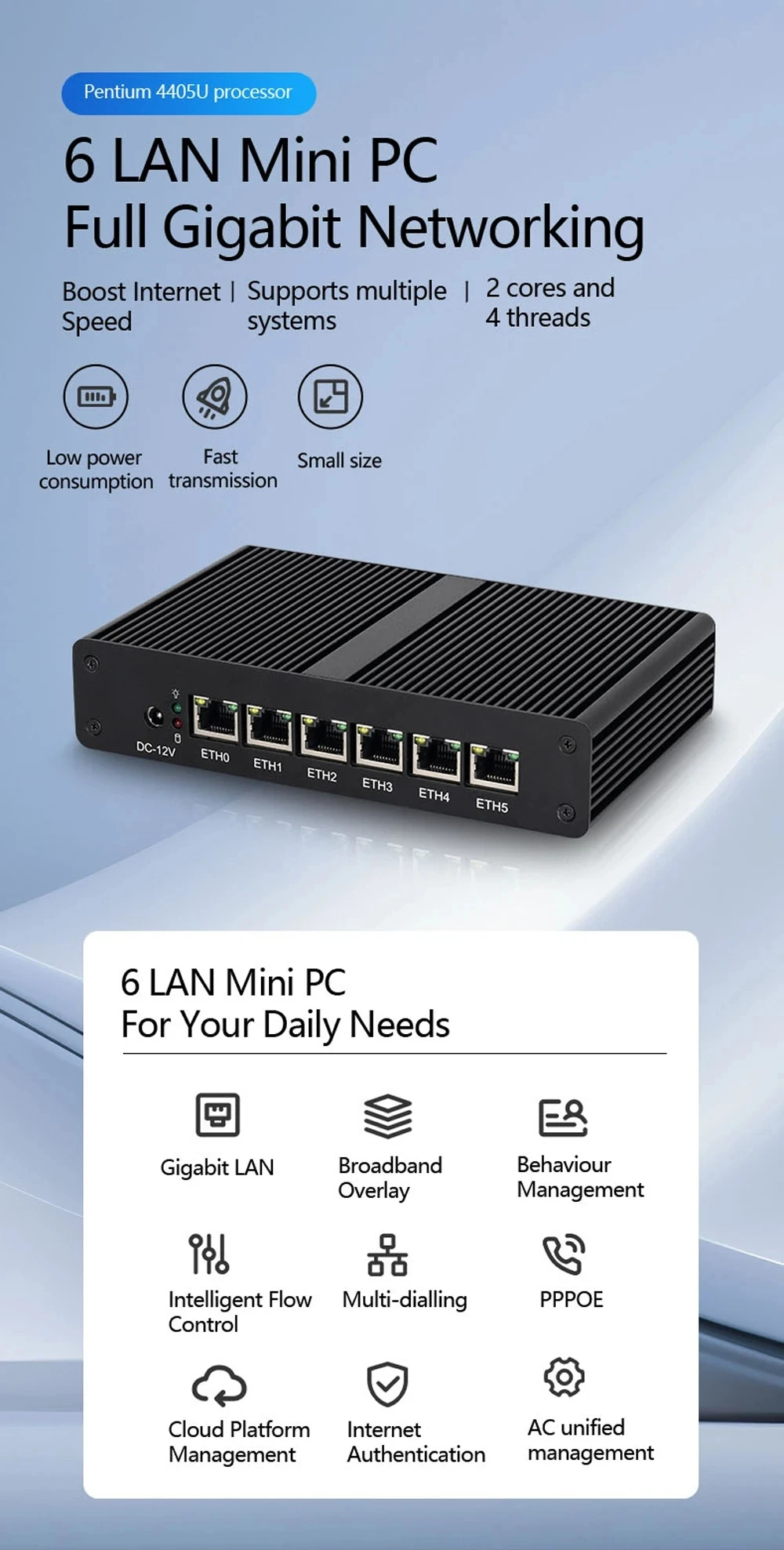 جهاز توجيه جدار الحماية للكمبيوتر الشخصي الصغير Intel Pentium 4405U 6x Gigabit Ethernet RJ45 وحدة تحكم متوافقة مع Pfsense Opnsense Windows Linux