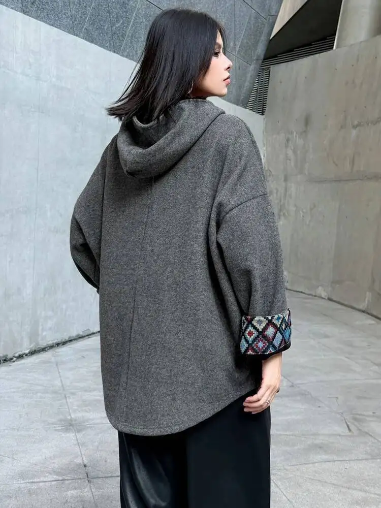 Light Gray Thick Pattern Spliced Sweatshirt New Hooded Long Sleeve Women Big Size Fashion Tide Spring Autumn