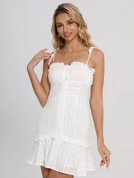 2025 New Elegant Summer Women Spaghetti Strap White Dress Cotton A-line Ruffles Mini Dress Strapless Female Party Dress