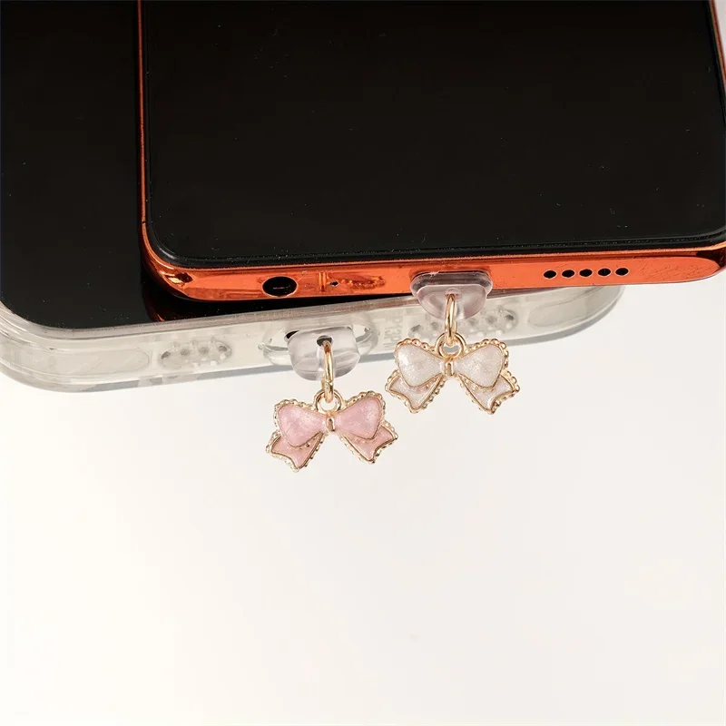 Picture 7: 1PC Beautiful Pink And White Bowknot Phone Dust Plug For iPhone Type-C Android Mobile Phone Pendant Accessories Gift For Lovers