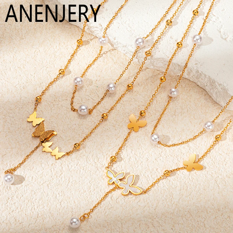 ANENJERY 316L ze stali nierdzewnej imitacje pereł dwuwarstwowy motyl naszyjnik z frędzlami dla kobiet delikatna biżuteria prezenty