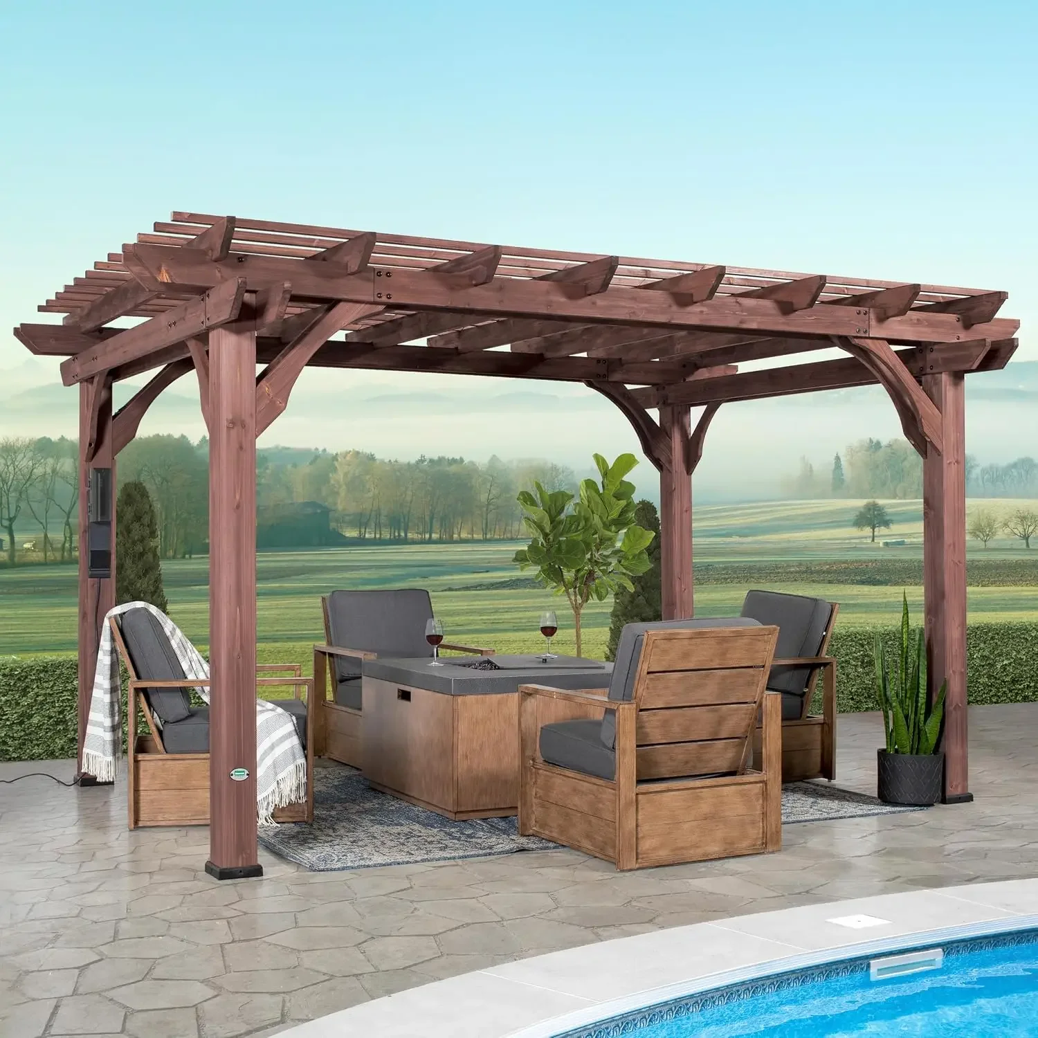 Somerville 14 x 10 Walnut All Cedar Pergola, Durable, Quality Supported Structure, Snow and Wind Supported, Rot Resistant, Elect