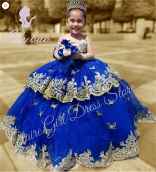 Customized Royal Blue Flower Girl Dresses For Wedding Gold Appliques With Bow Kids Birthday Party First Communion Pageant Gown