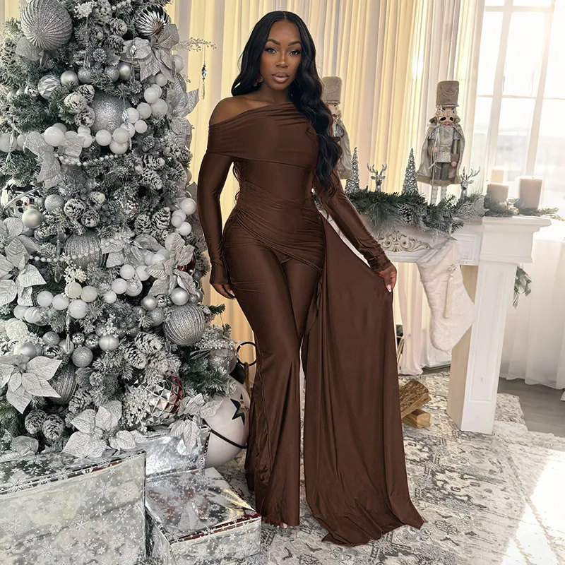 

Side Ribbon Ruched Wide Leg Pants Fashion Jumpsuits Women Sexy Inclined Shoulder Long Sleeve Party Overalls Elegant Rompers