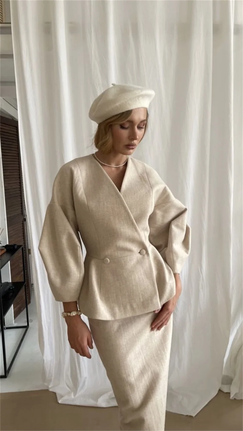 Beige Woolen Women Suit Set 2 Pcs Skirt And Coat Winter Ankle Length Wedding Prom Dress Double Breasted Custom Made Jacket