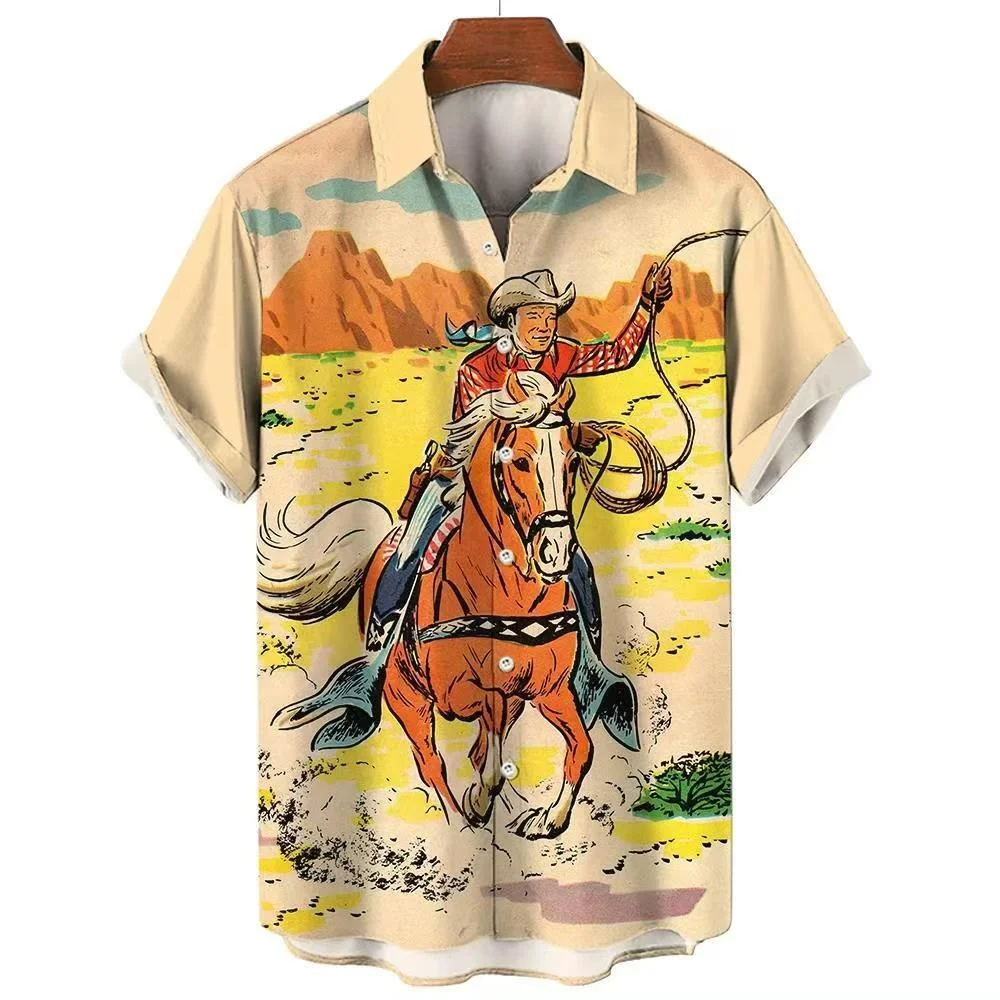New Men's Casual Short Shirt Western Cowboy Horse Riding 3D Printed Lapel Shirt Short Sleeve Fashion Trend Shirt Top