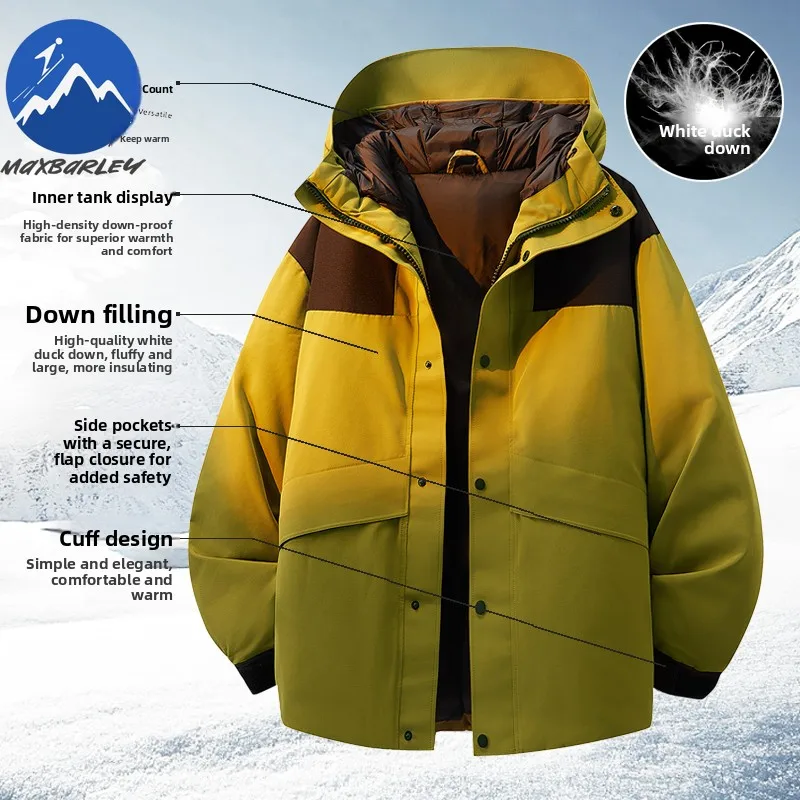 

Winter Down Jacket Men Hooded Hiking Mountaineering Windproof Warm Puffer Coats Splicing White Duck Down Lightweight Ski Jackets