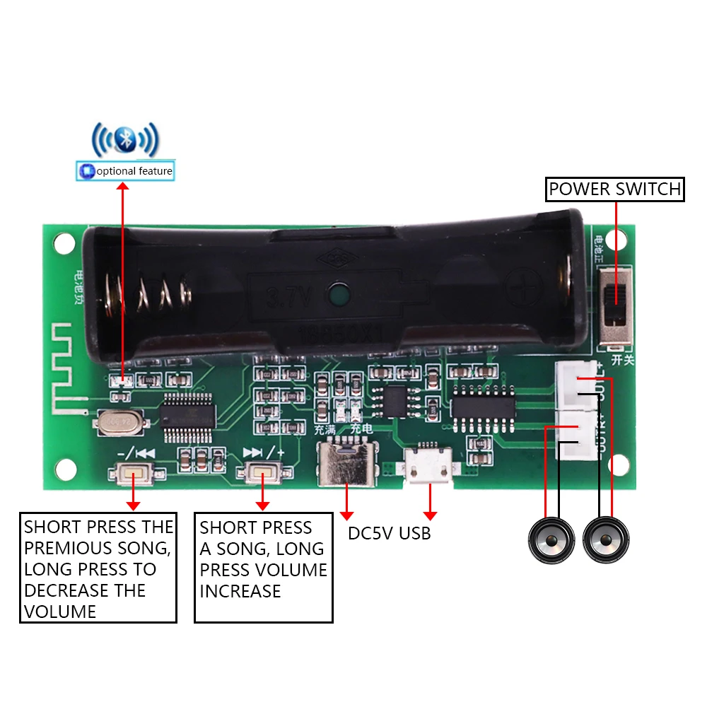 XH-A153 Bluetooth Amplifier Board TYPE-C Micro DC 5V 3W*2 2.0 Channel Audio AMP with 18650 Battery Case For Speakers PAM8403