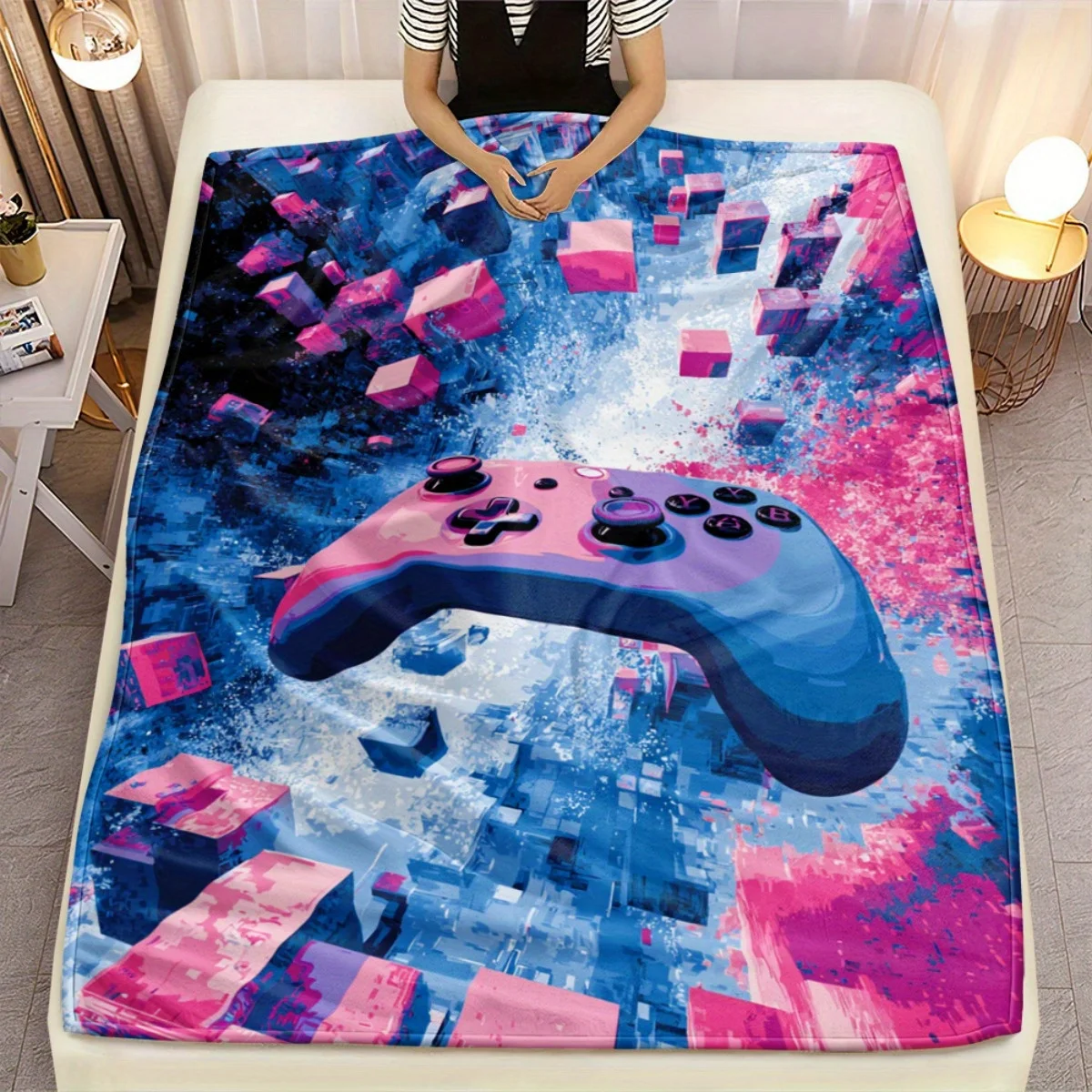 Mega Vibrant Gaming Blanket Throw Pixel Art Console Controller Fleece Blanket 150x230cm Cozy Couch Decor Gift