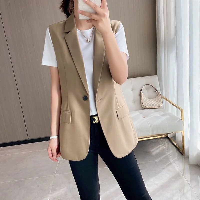 Temperament Simplicity Black Suit Vest Spring Summer New Sleeveless Solid Color Loose Tops Vintage Fashion Women Clothing