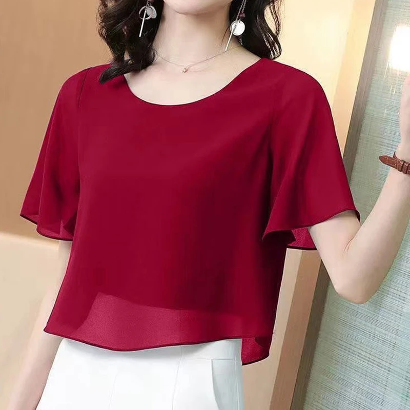 Chiffon Short Sleeve Asymmetrical Blouse Summer New Thin O-neck Solid Loose Office Shirt Tops Vintage Fashion Women Clothing