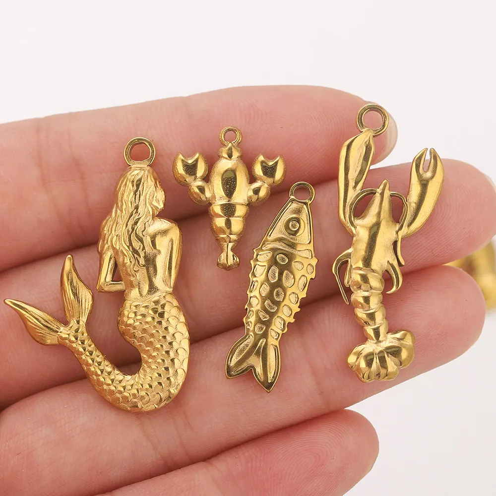 5PCS Stainless Steel Lobster Charms Mermaid Crab Connectors Gold-Plated DIY Necklace Earrings Jewelry Making Materials Wholesale image 4