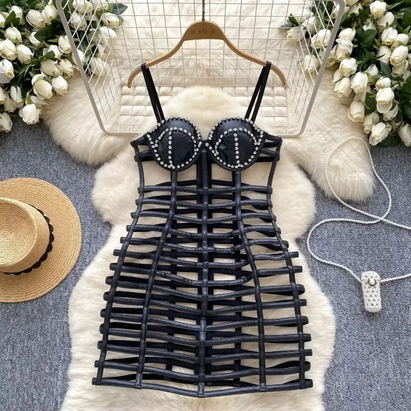 

Vintage Hollow Out Elegant Rhinestone Chic Sleeveless Slim Straps Dresses Korean Fashion Evening Party Women Summer Clothing
