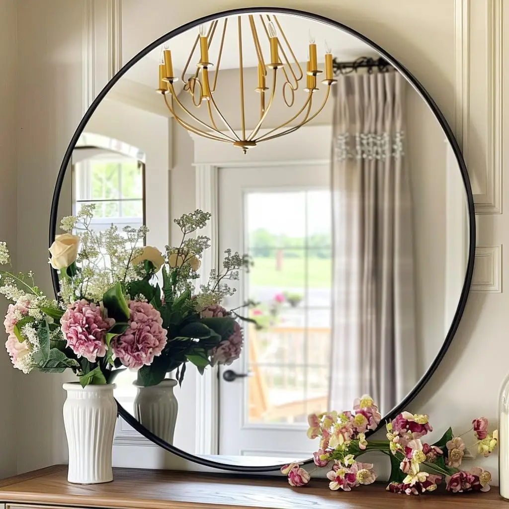 

30 Inch Black Round Mirror with Metal Frame for Bathroom, Living Room, Hallway, Vanity