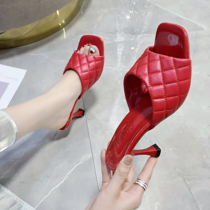 2022 New Summer Women\'s Slippers Open-toe Sandals Sexy Thin Heels Women Slippers Personality Sewing Square Head Slippers Women