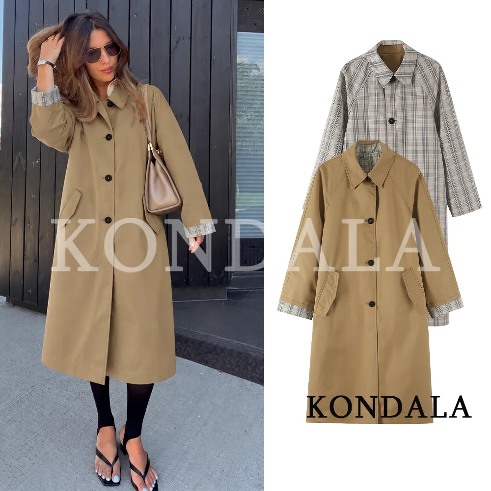 KONDALA Women Fall Commute Casual Trench Coat Elegant Double-sided Wear Long Trench Coat 2026 Fashion Office Lady Pockets Coat