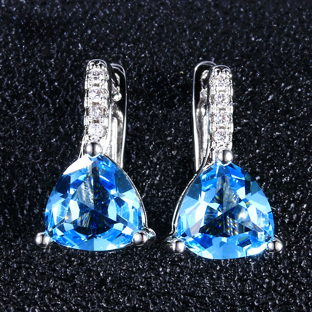 Fashion Solid 925 Sterling Silver Shining Zircon Aquamarine Dangle Earrings Wedding Engagement Drop Earrings Women Jewelry Gifts