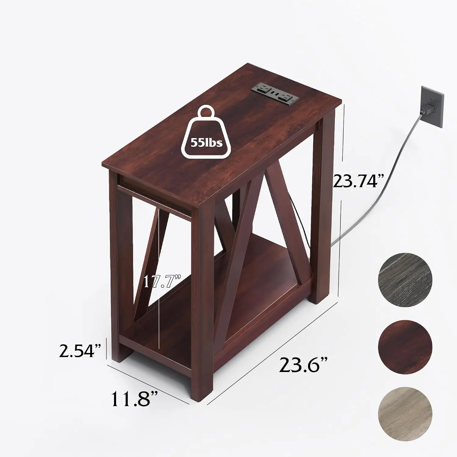 Slim End Table Set of 2 with Charging Station & Open Storage Shelf for Living Room Sofa Side, Espresso, Customized