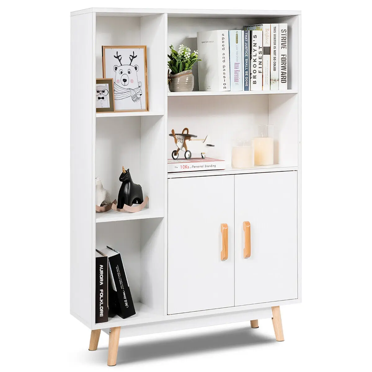 Floor Storage Cabinet Free Standing Wooden Display Bookcase Side Decor Furniture