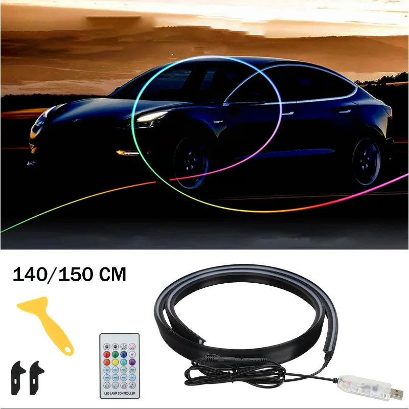For Car 140/150cm USB LED Ambient Light Strip Sound Active Music Sync RGB Atmosphere Lamp with APP Control