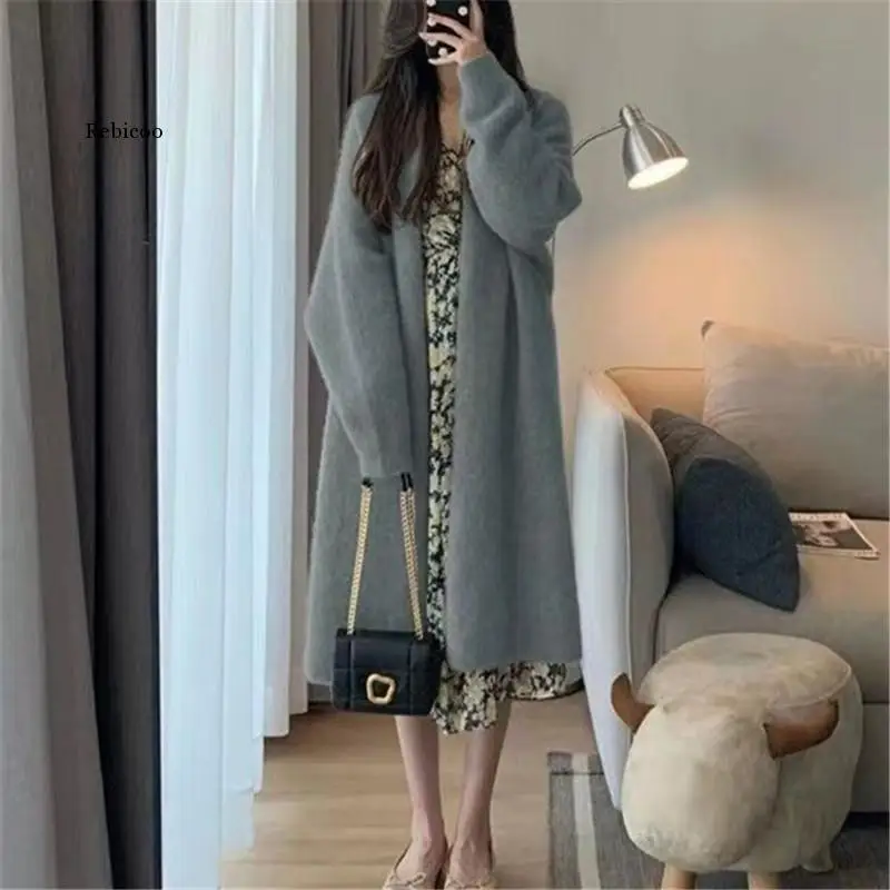 2022 New Sweater Women's Idle Style Gentle Knitted Long Cardigan Solid Color Temperament Cross-Border Coat