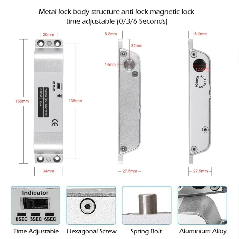Smart Electric Mortise Locks with Drop Bolt DC12V Electronic Lock Adjustable Time Delay Fail Safe Mode for Access Control