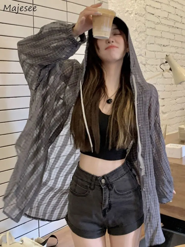 

Hooded Jackets Women Loose Vintage Leisure Students Ulzzang Sporty Summer Plaid Couple Basics Sunscreen Thin Overcoats