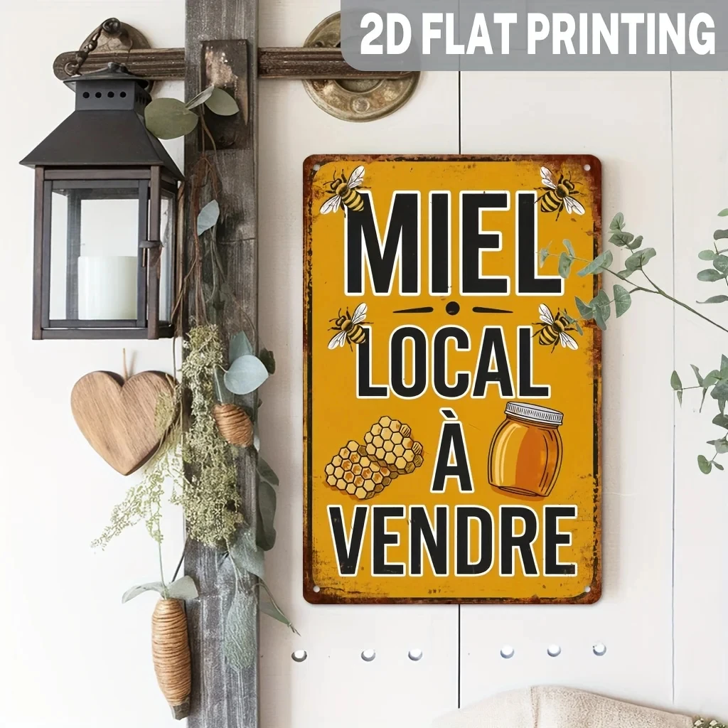 2D Flat, 1 Piece French Vintage Bee and Honeycomb Metal Wall Decor Sign - Country Farmhouse Decoration, with the French Phrase 