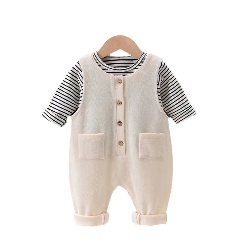 

Unisex Newborn Spring & Autumn Set Striped Long-Sleeve Hoodie & Suspender Pants with Pockets Halloween Casual Outdoor Outfit