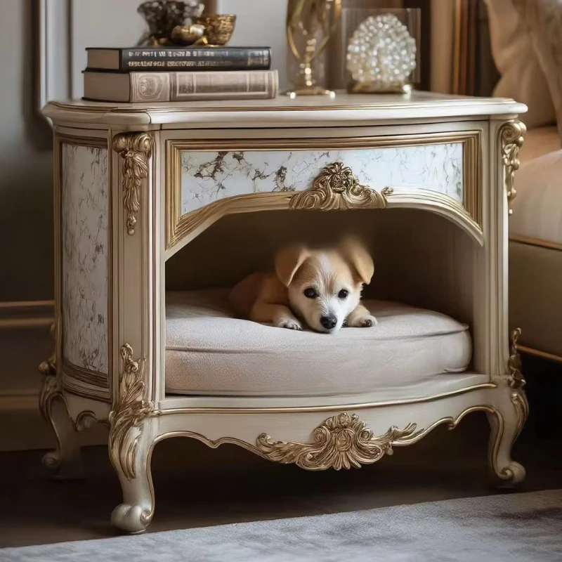 American retro wood carving bedside table, dog house design, shared furniture between people and pets