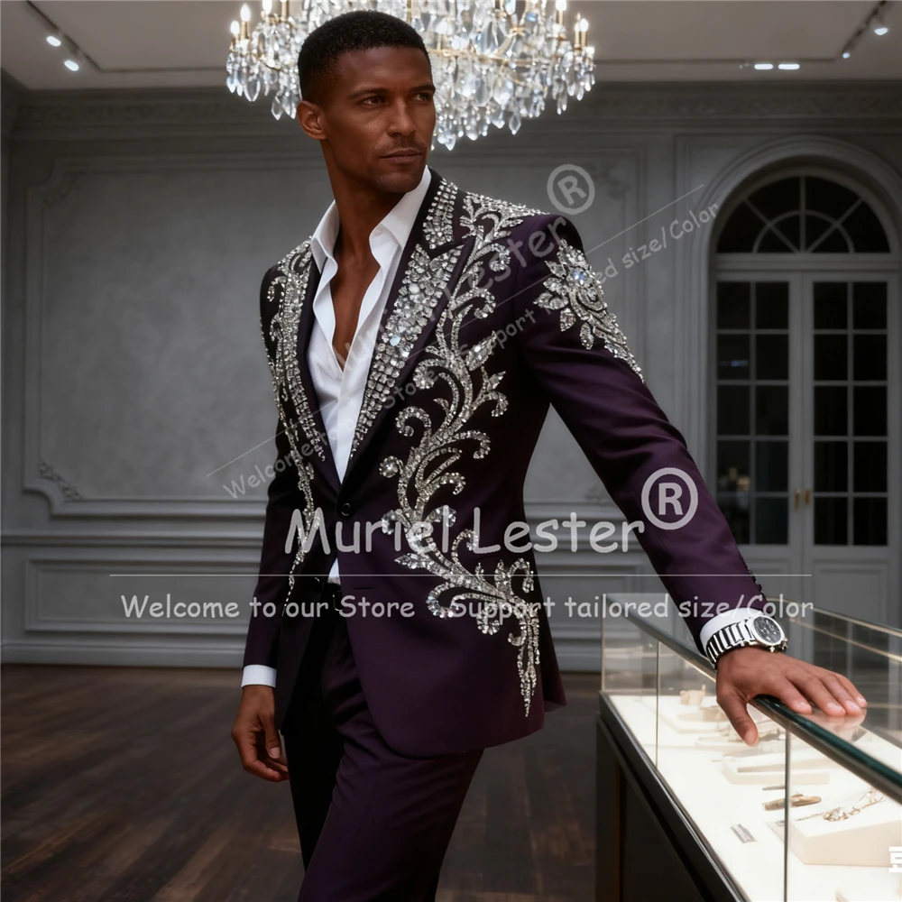

Sparkling Beaded Crystals Suits Men For Wedding Single Breasted Blazers Ropa Hombre Customized 2 Piece Set Groom Tuxedos 2026