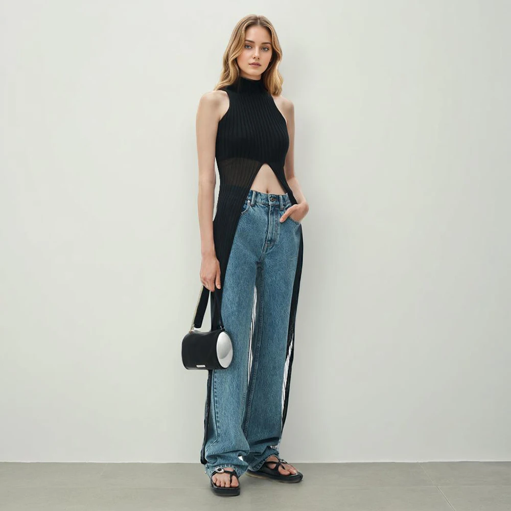 

Solid Irregular Slimming Sweater For Women Trutleneck Sleeveless Minimalist Long Knitting Sweaters Female Fashion Style New