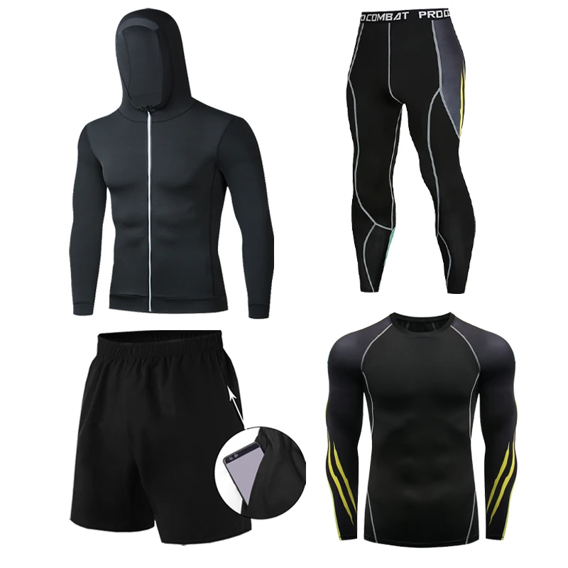 2023 4 Pieces Running suit Men Sports Tights Compression Shirt Long sleeve Quick dry Gym Shorts Workout Bodybuilding Clothing