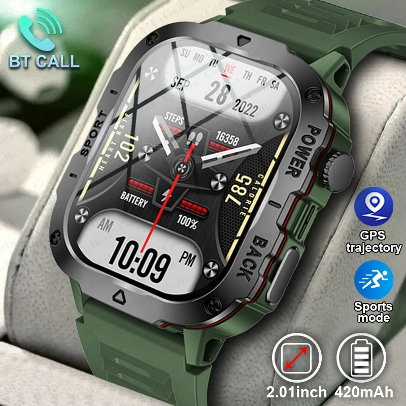 2024 New Sturdy Military Smartwatch Men Outdoor Watch 2.01Inch HD Screen AI Voice Bluetooth Call Smart Watch Men For Android IOS