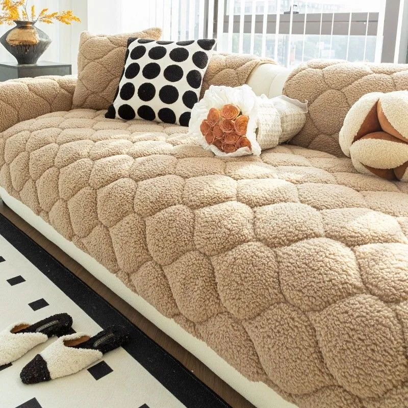 Lamb Wool Sofa Cushion Winter Cotton Padded Thick Sofa Cover Straight Anti Slip Mat Widen Thicken Living Room Decoration