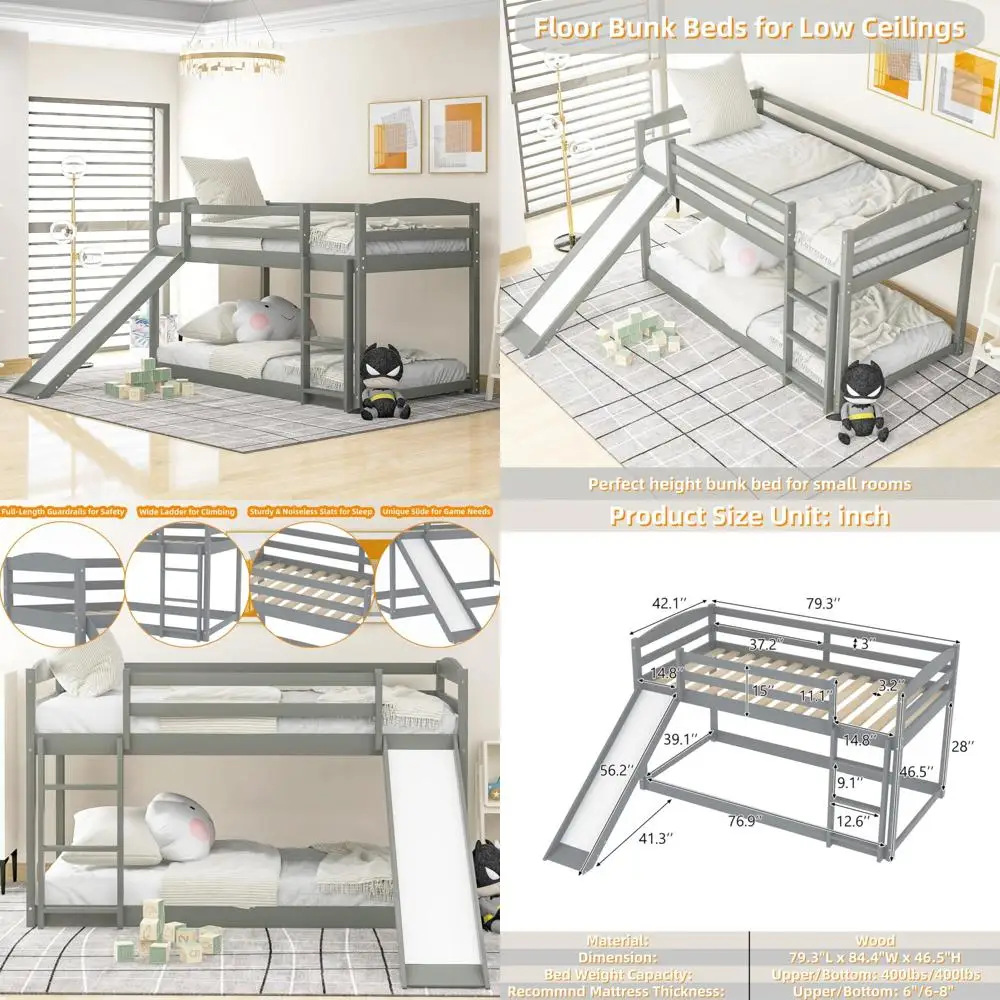سرير مزدوج بطابقين منخفض مع منزلق، سلم، قضبان أمان، سعة 400 رطلاً للمراهقين والكبار #1
