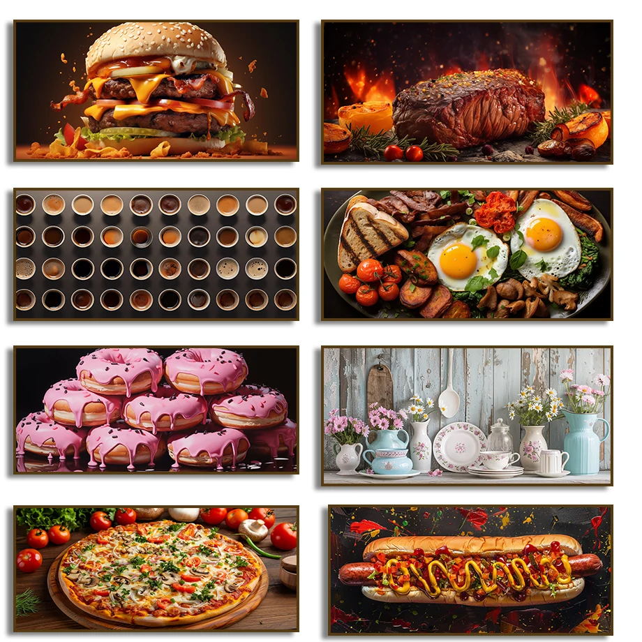 

Hamburger Spices and Herbs Pizza Hot Dog Coffee Poster Canvas Painting Print Kitchen Art Restaurant Wall Home Decor