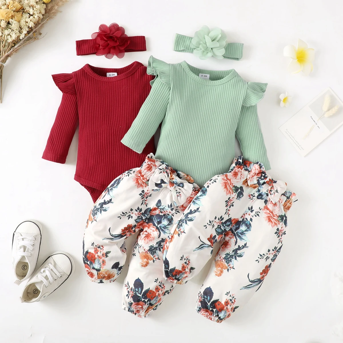 0-2 Year Old Newborn Baby Girls Spring and Autumn Long Sleeve Round Neck Pure Color Flower Print Pants Fashion Set