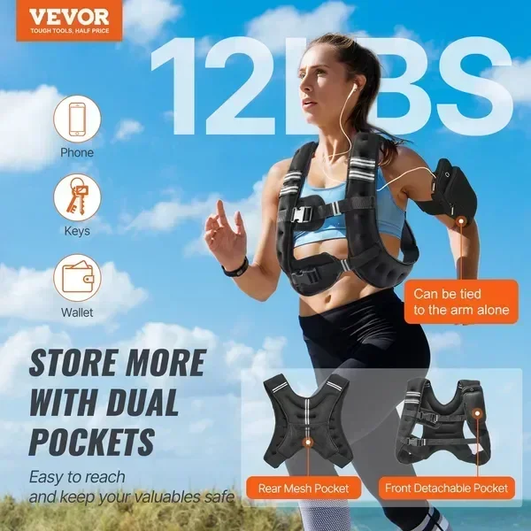 Weighted Vest, 12 lbs Weight Vest with Reflective Stripe, Adjustable Buckle Body Weight Vest for Men