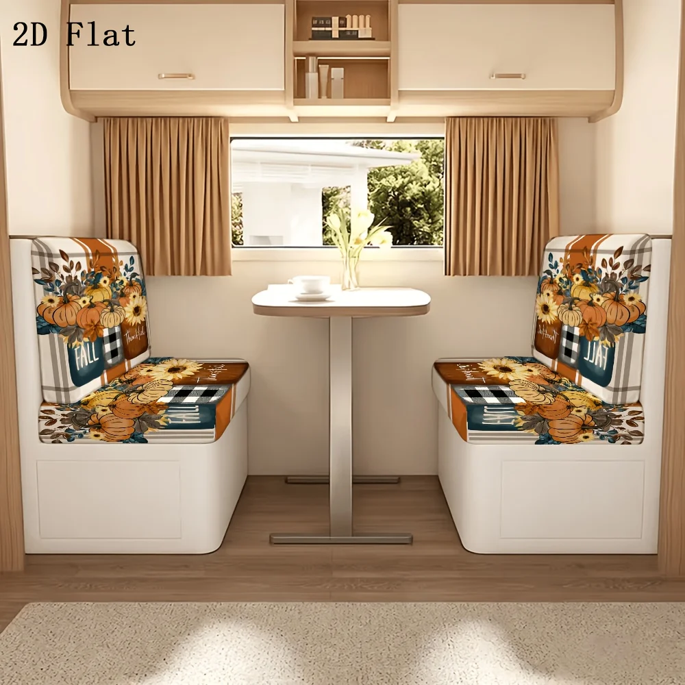 2pcs Fall Thankful Patchwork Plaid Pumpkin Sunflower RV Dinette Booth Seat Cover Stretch Camper Bench Slipcover