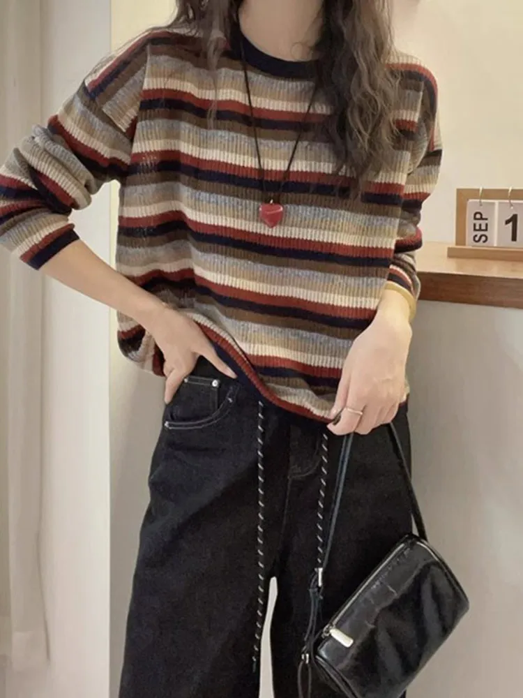 

Korean Sle Loose Long Sve round Ne Wool Knitwear Slimming Overhead Top Faionable Striped Design Commute ential