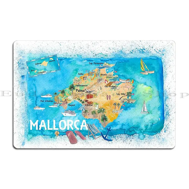 Mallorca Spain Illustrated Map With Landmarks And Highlights Metal Plaque Poster Plaques Customize Home Tin Sign Poster