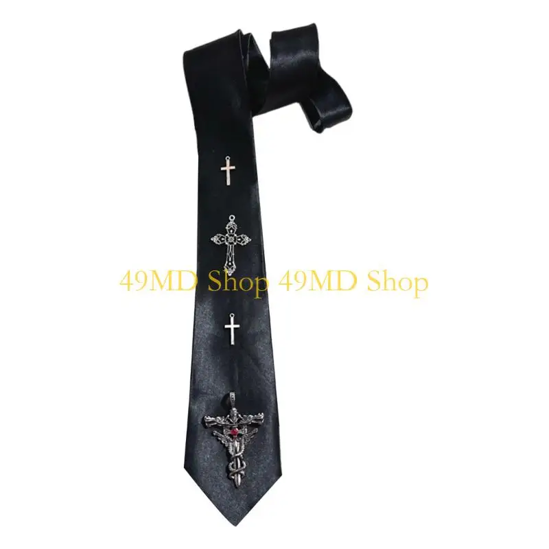 49MD Punk Pre-tied Uniform Ties with Carved Metal Crosses Girls School Uniforms