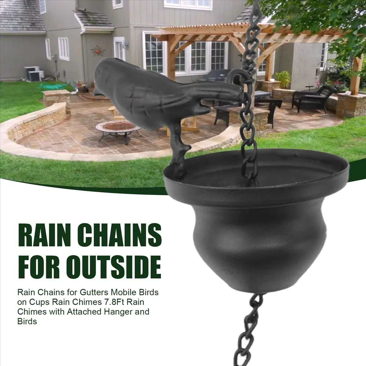 AA77 NEW Rain Chains for Gutters Mobile Birds on Cups Rain Chimes 7.8Ft Rain Chimes with Attached Hanger and Birds