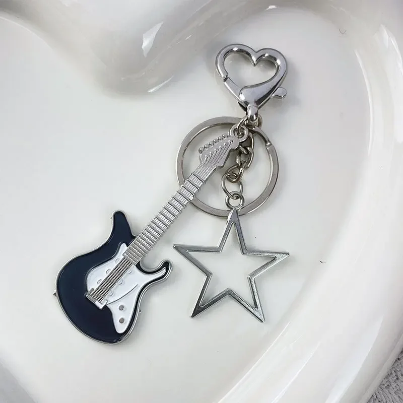 Electric Guitar Keychain Vintage Heart Star Instrument Charms with Key Holder for Music Lovers Bag Gifts