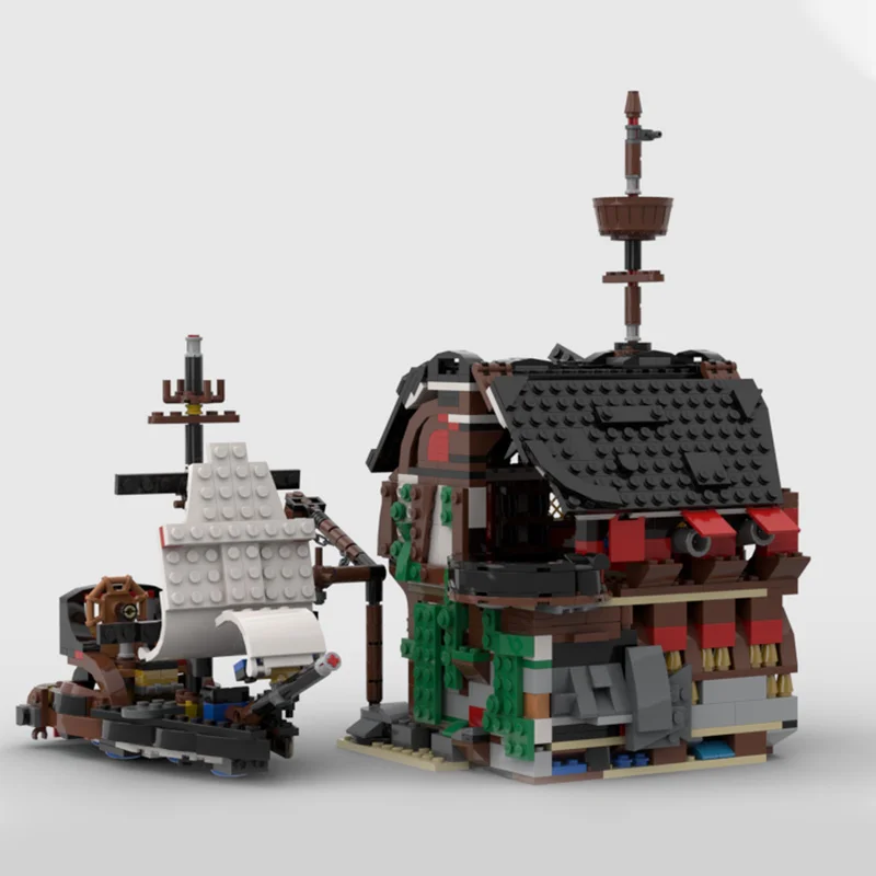 

1036 MOC Пиратская таверна, черный балкон, приключенческая детальная модель «сделай сам», строительные блоки, игрушки на день рождения, подарок