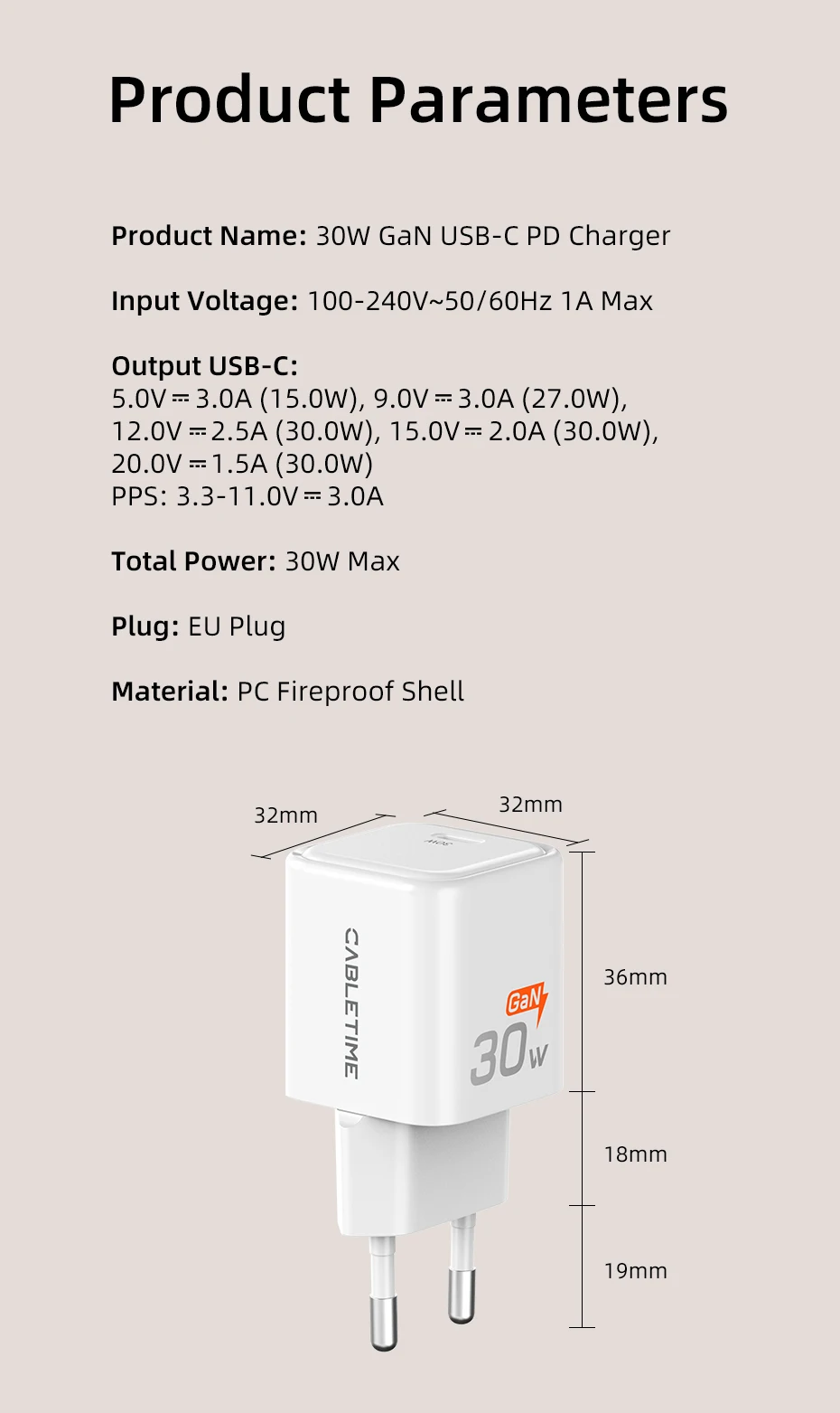 CABLETIME 30 W GaN Ladegerät PD QC 3,0 Schnelle USB Typ C Lade Typ C PD 3,0 Schnelle Telefon Ladegerät für iPhone 15 iPad Huawei Ladegerät – Detail 9