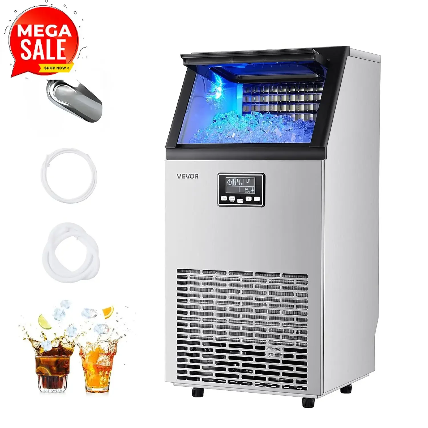 Commercial Ice Maker Machine, 100 lbs/24h with 28Lbs Storage, 45 Cubes per Cycle, Stainless Steel Freestanding & Under Counter I